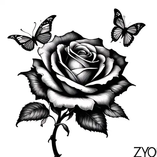Zyon In Cursive With A Rose And Butterflyes