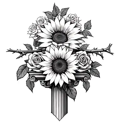 3 Corinthian Columns With Sunflower And Roses And Thorns