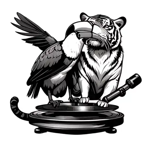 Tiger And Toucan Perched On A Turntable