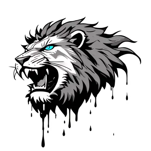 Lion With Blue Eyes And Snarling Dripping Blood