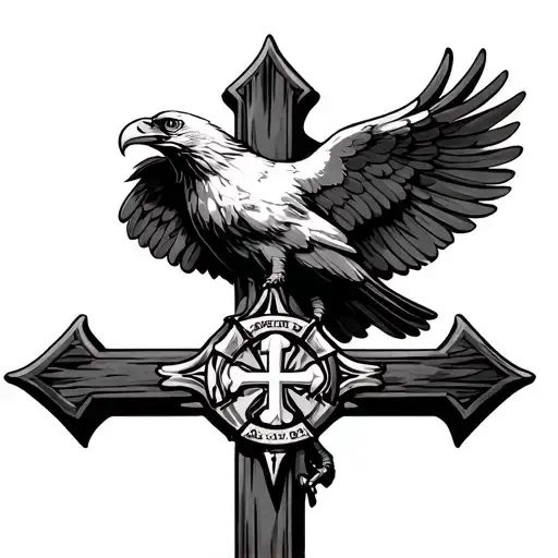 Christian Cross With Maltese Firefighting Emblem And Eagle Perched On The Cross
