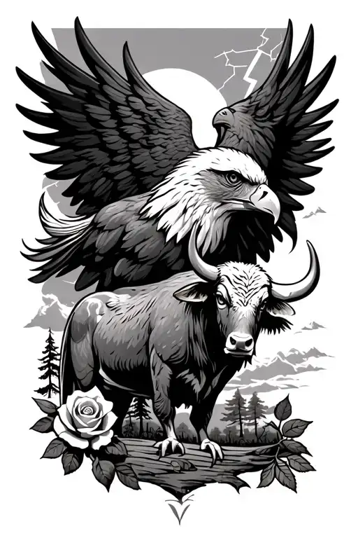 An Eagle With An Ox With A Rose And Trees And Lightning