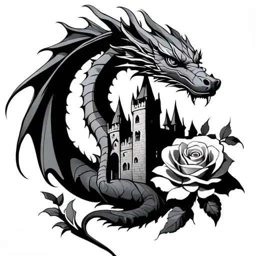 Dragon With A Castle And A Rose