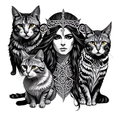 Celtic Freya Portrait With 3 Cats Arround