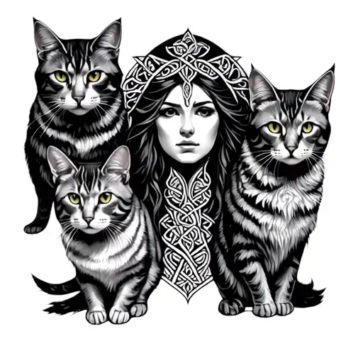 Celtic Freya Portrait With 3 Cats Arround