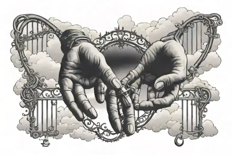 Hands Reaching For A Gate In The Clouds With A Ring Of Keys
