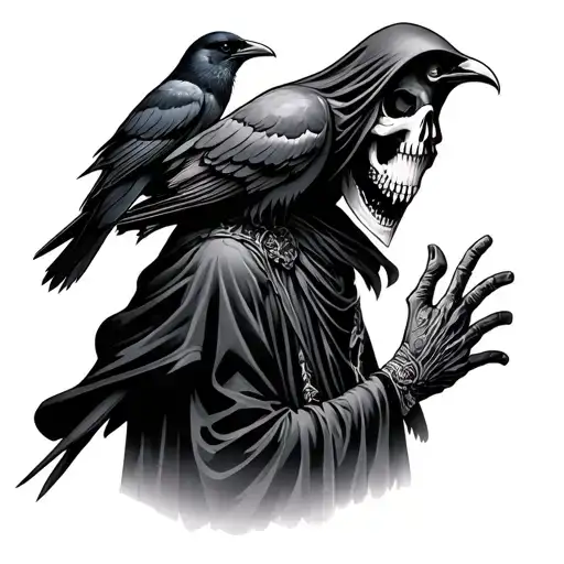 Grim Reaper With Crow Perched On Shoulder