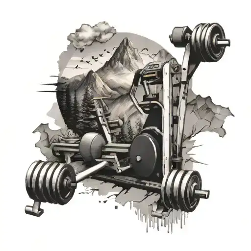 A Gym Equipment Collage With A Mountain Backdrop