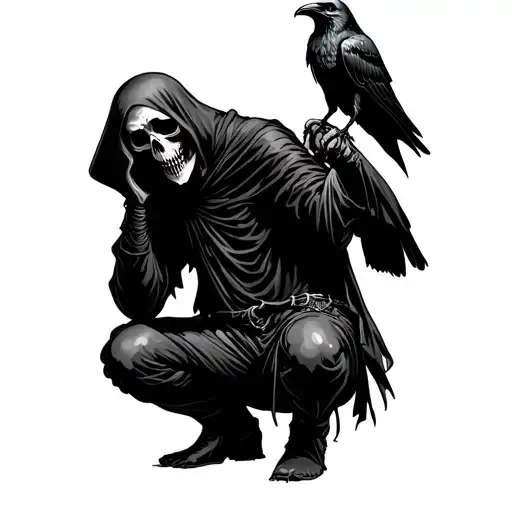 Grim Reaper Crouched With Crow Perched On Shoulder