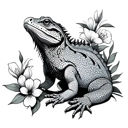 Bearded Dragon And Flowers