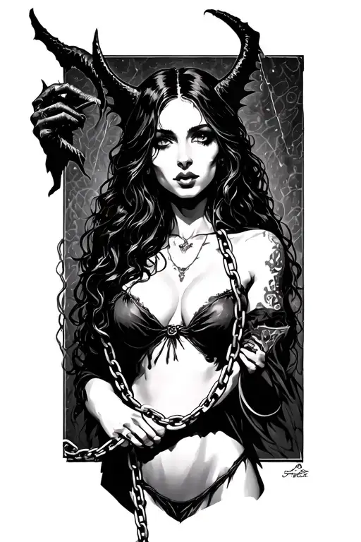 A Female Succubus Chained By A Devil Looking On The Thread Of The Thread
