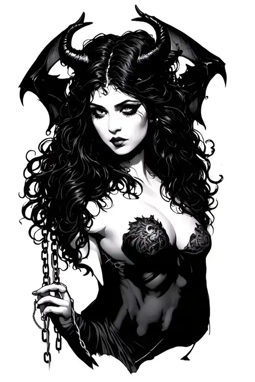 A Female Succubus Chained By A Devil Looking On The Thread Of The Thread