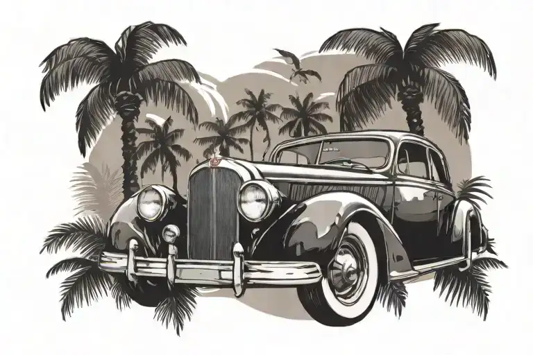 Old Classic Car And Palm Trees