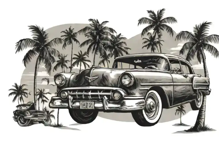 Old Cuban Car With A Beach In The Background And Palm Trees