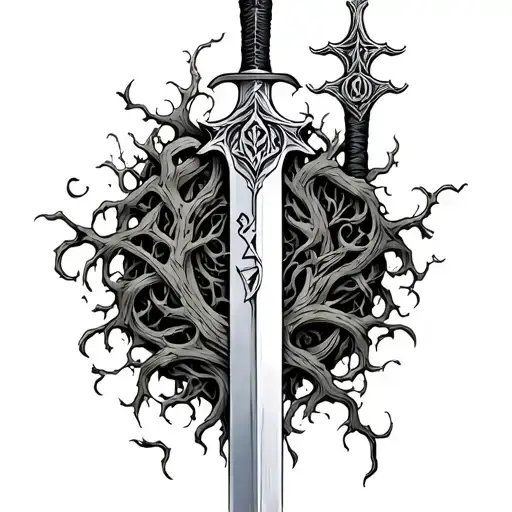 A Claymore Sword With Vines And Runes In The Blade