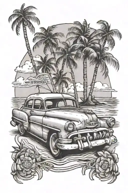 Old Cuban Car With A Beach In The Background And Palm Trees