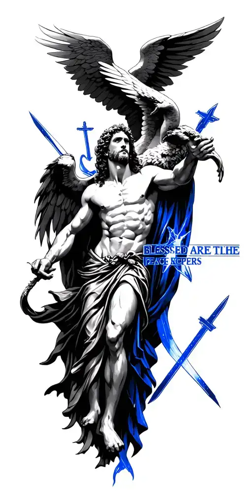 Saint Michael Killing Lucifer With Thin Blue Line Tattoo And Blessed Are The Peace Keepers