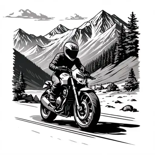 Motorbike On Road Behind Mountain Landscape