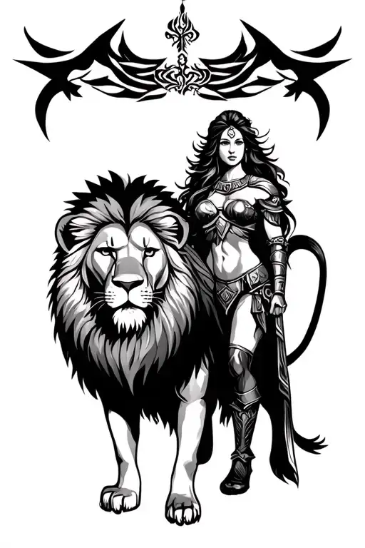 Lion And Warrior Woman Standing