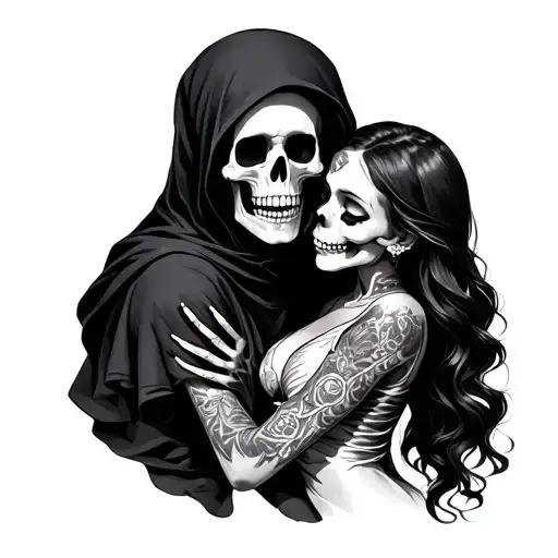 Skeleton With Hood Holding A Woman