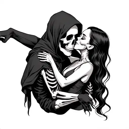 Skeleton With Hood Kissing A Woman While Holding Her Off The Ground