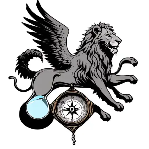 Lion Over A Hourglass Compass With A Phoenix