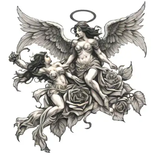 Angel Woman Fighting Daemon And Roses