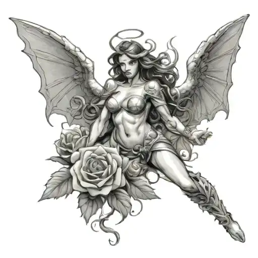 Angel Woman Fighting Daemon Dragon And Roses