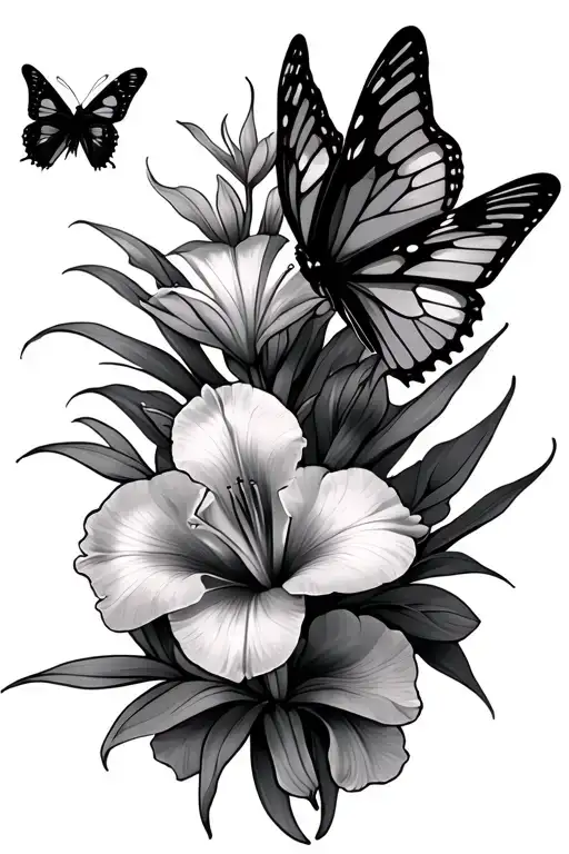 Gladiolus Flower Two Butterflies Flying Together