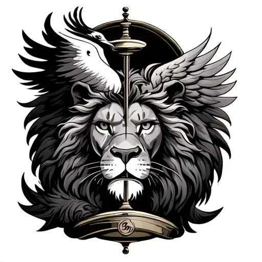 Lion Face Over A Hourglass Compass With A Phoenix