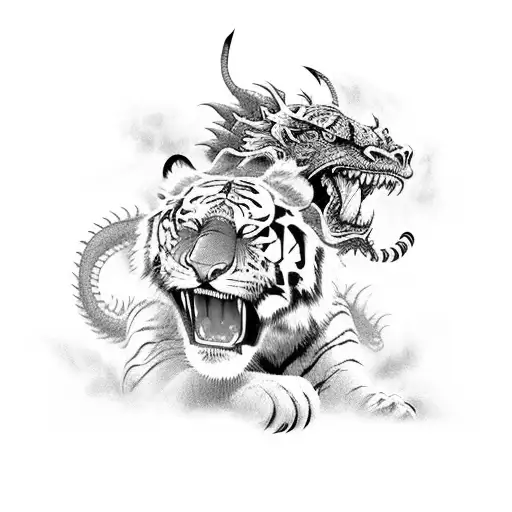Dragon Versus Tiger In A Brushstroke Style