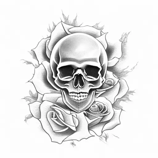 Skull With Roses And Clouds As Background