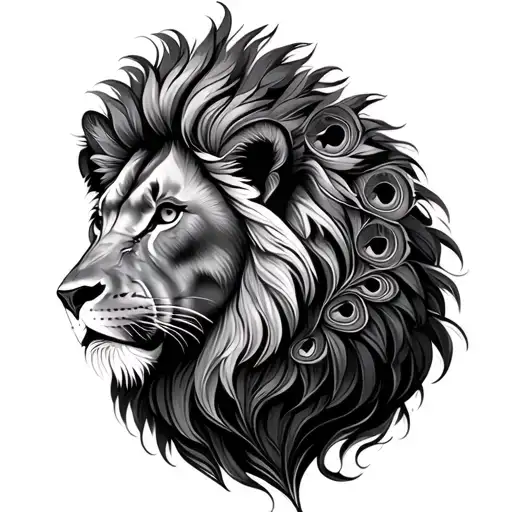 A Majestic Lion Whose Mane Is Made Of Peacock Feathers