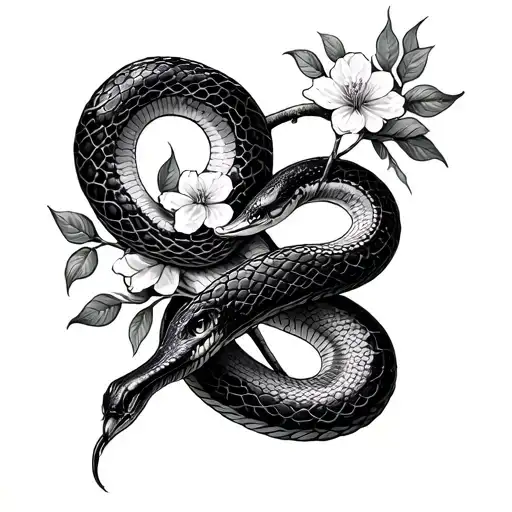 Snake Intertwined With Tree Flowers Biting Its Tail