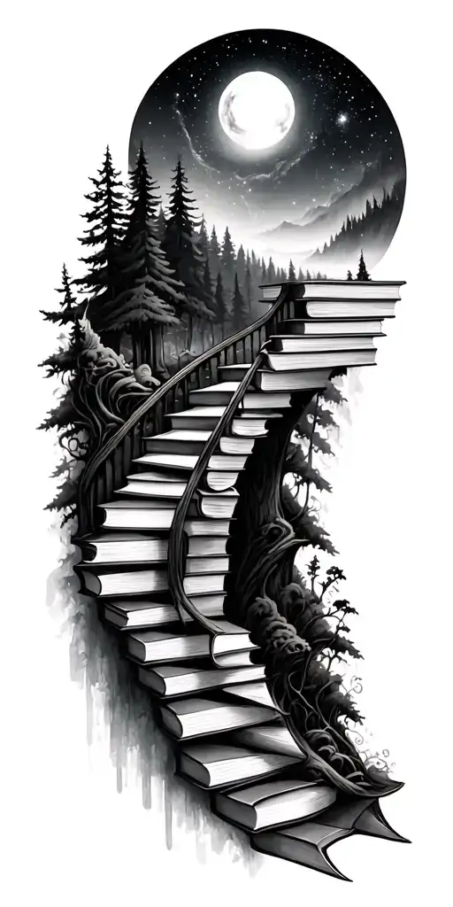 Book Themed Tattoo Incorporating A Book Staircase That Expands To A Forest Scenery Into The Galaxy