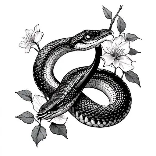 Snake Intertwined With Tree Flowers Biting Its Tail