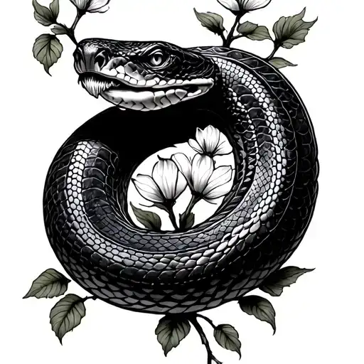 Snake Intertwined With Tree Flowers Biting Its Tail