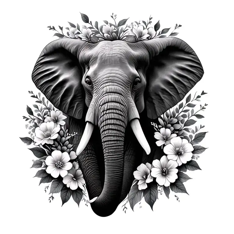 Elephant Head With Flowers Surrounding