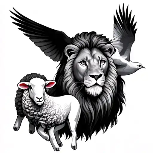 Lion And A Sheep And A Dove Flying