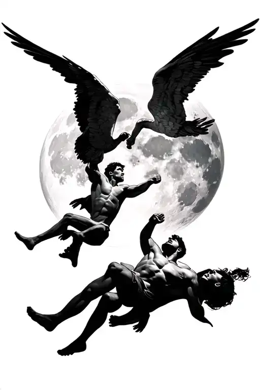 Two Male Fallen Angels Flying Towards The Moon