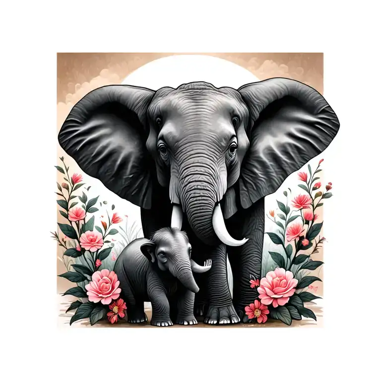 Elephant And Baby With Flowers Symbolizing