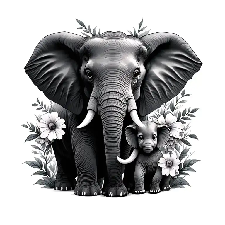 Elephant And Baby With Flowers Symbolizing