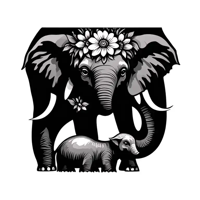 Elephant And Baby With Flowers Symbolizing