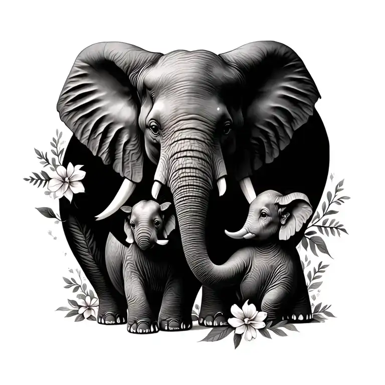 Elephant And Baby With Flowers Symbolizing