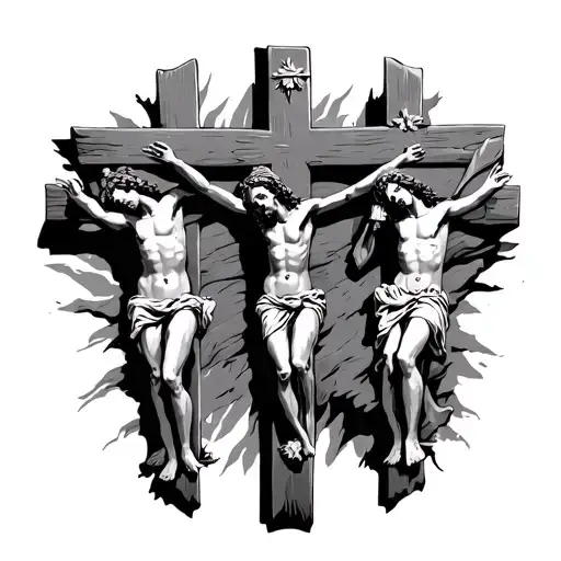 Jesus On Cross Next To Two Sinners On Individual Crosses Made