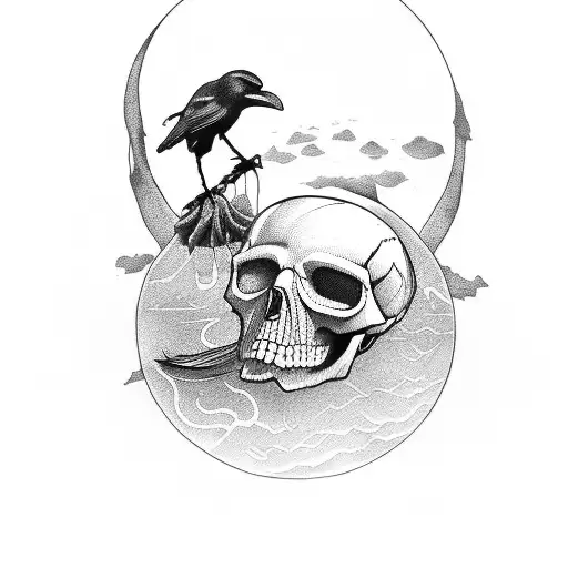 Crow With Skull And Moon