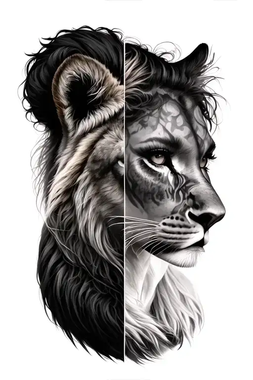 Half Black Woman Portrait With Other Half Lioness