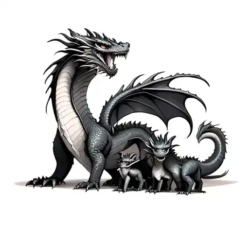 Dragon Dad And Dragon Mum And 3 Baby Dragons