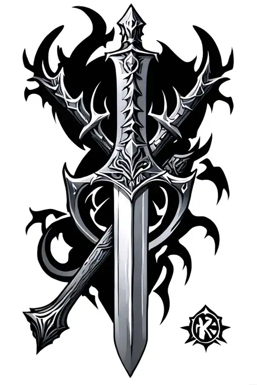 Warcraft Horde Symbol And Alliance Symbol With Lich King Sword Down The Middle