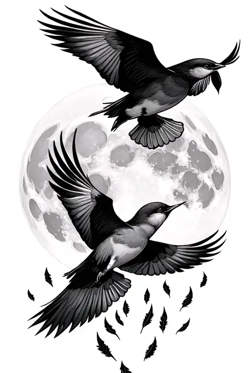 Birds Flying Towards A Moon With Feathers Falling Off The Birds